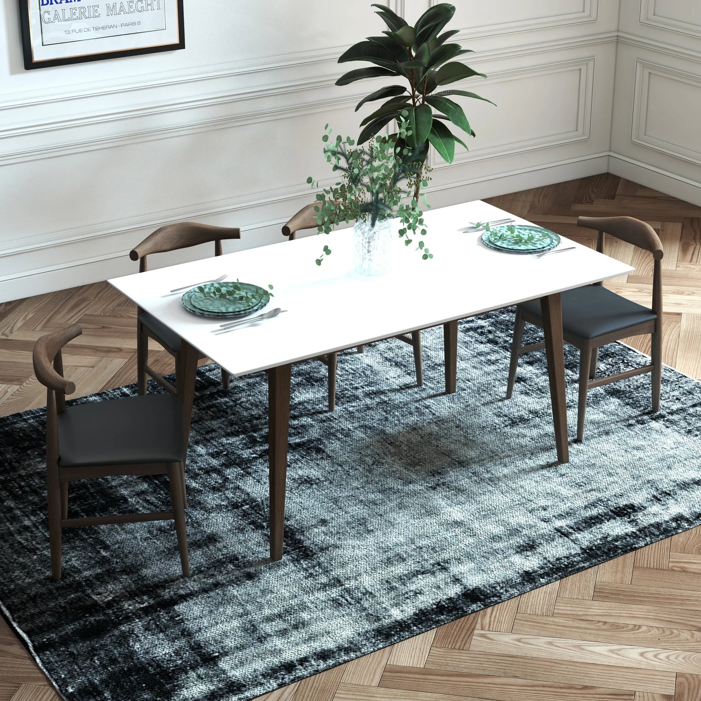 Adira (Small - White) Dining Set with 4 Winston (Black Leather) Dining Chairs