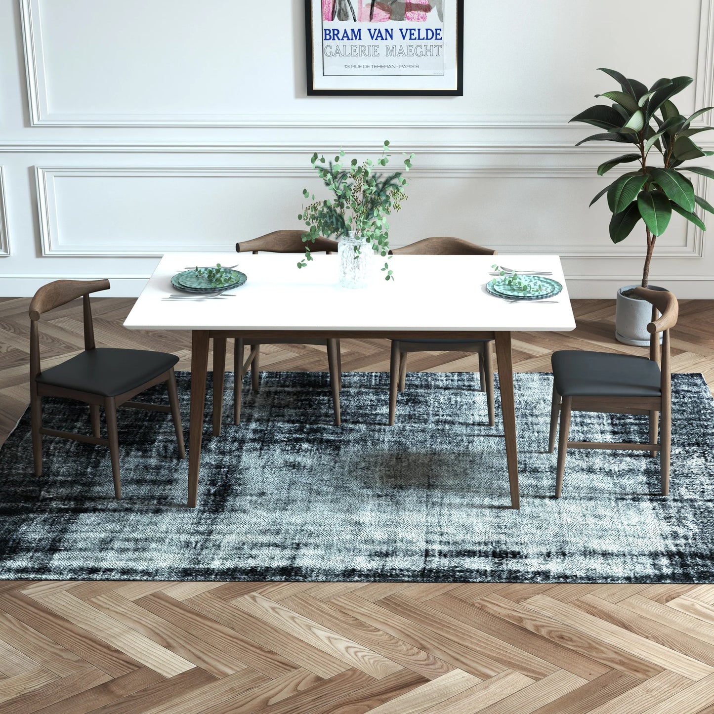 Adira (Small - White) Dining Set with 4 Winston (Black Leather) Dining Chairs