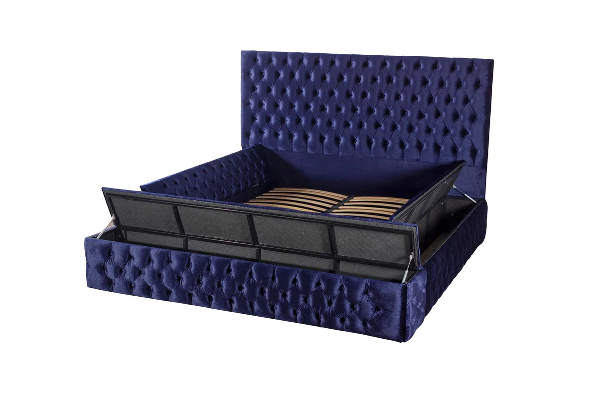 Pandora Velvet Queen Storage Platform Bed - Navy Blue