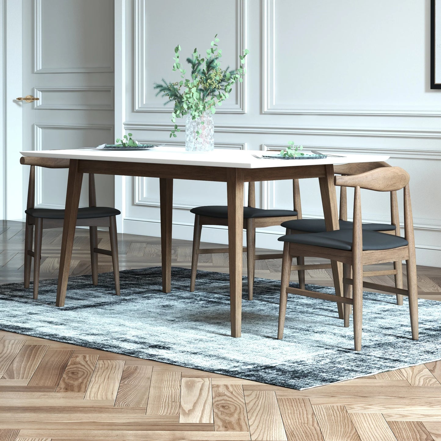 Adira (Small - White) Dining Set with 4 Winston (Black Leather) Dining Chairs