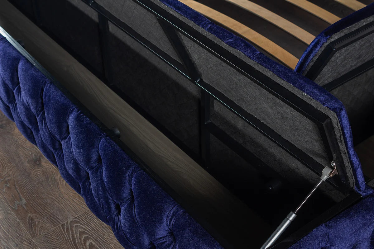 Pandora Velvet Queen Storage Platform Bed - Navy Blue
