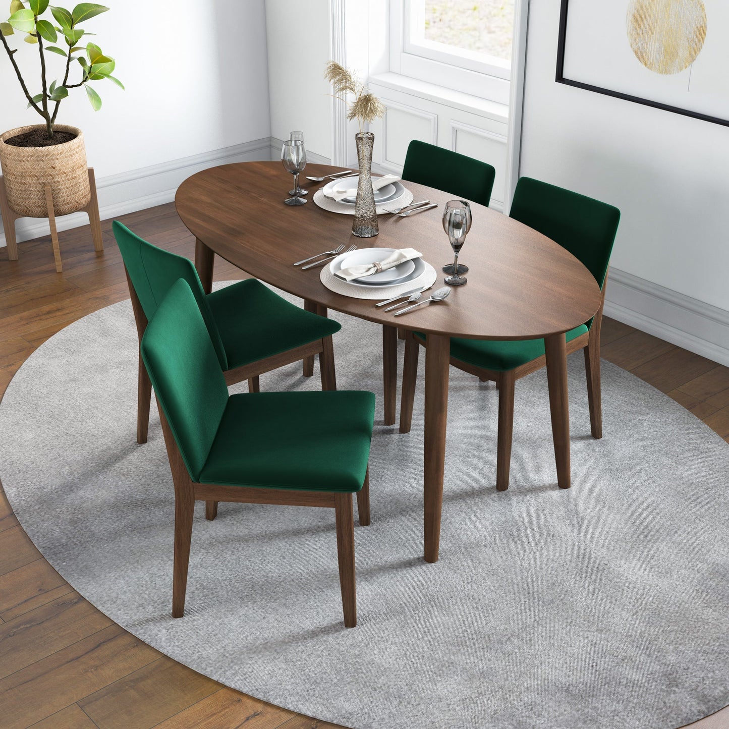 Rixos (Walnut) Dining set with 4 Virginia (Green Velvet) Dining Chairs