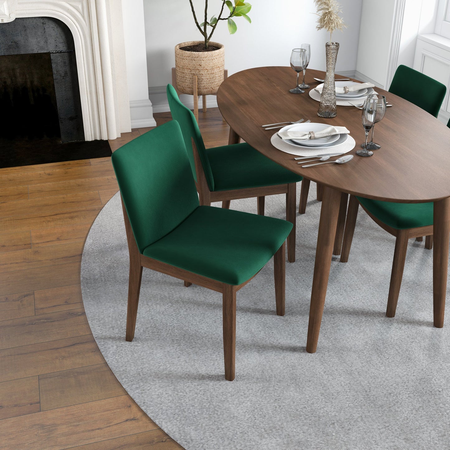 Rixos (Walnut) Dining set with 4 Virginia (Green Velvet) Dining Chairs