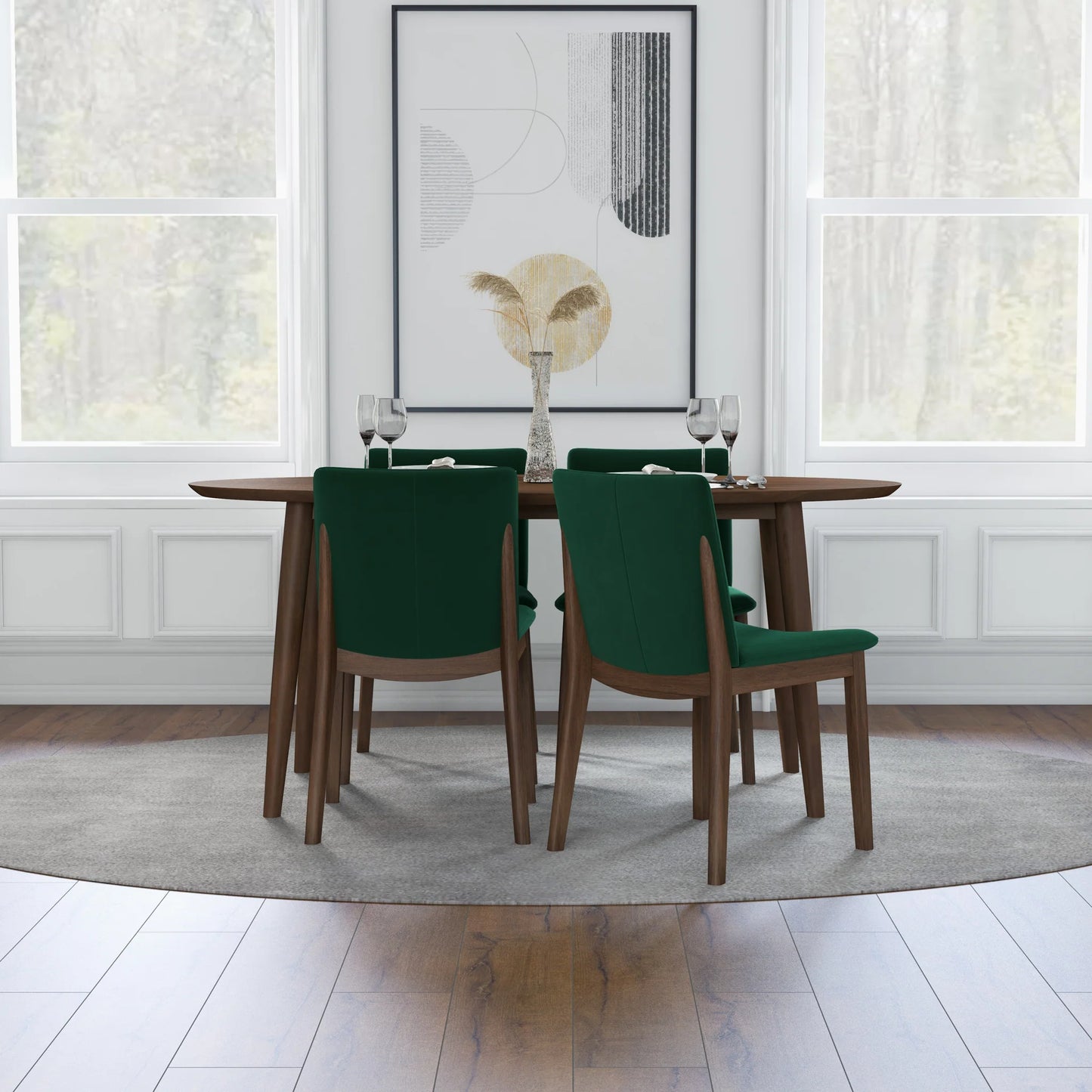 Rixos (Walnut) Dining set with 4 Virginia (Green Velvet) Dining Chairs