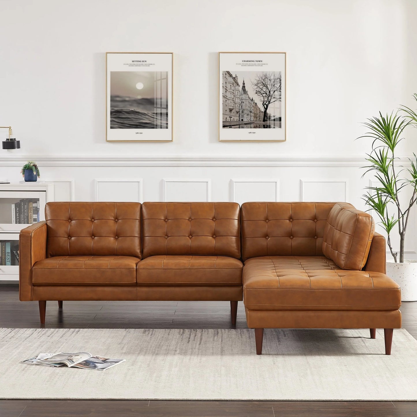 Lugano L-Shaped Genuine Leather Left&Right-Facing Sectional Cognac Tan