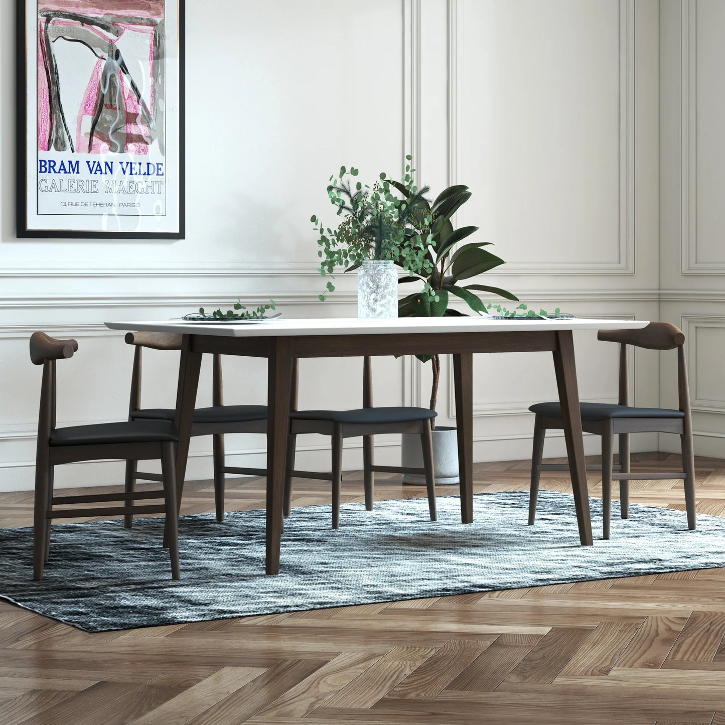 Adira (Large - White) Dining Set with 4 Winston (Black Leather) Dining Chairs