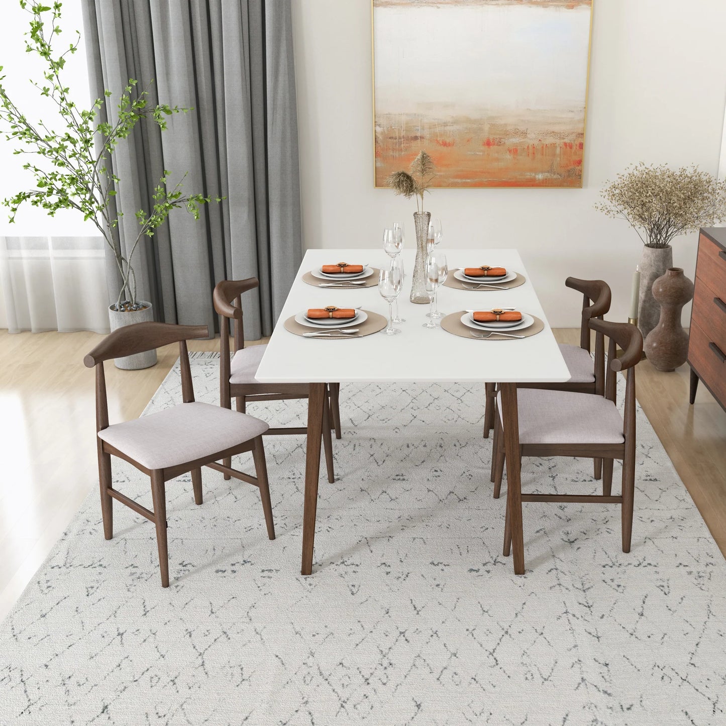 Alpine (Large - White) Dining Set with 4 Winston (Beige) Dining Chairs