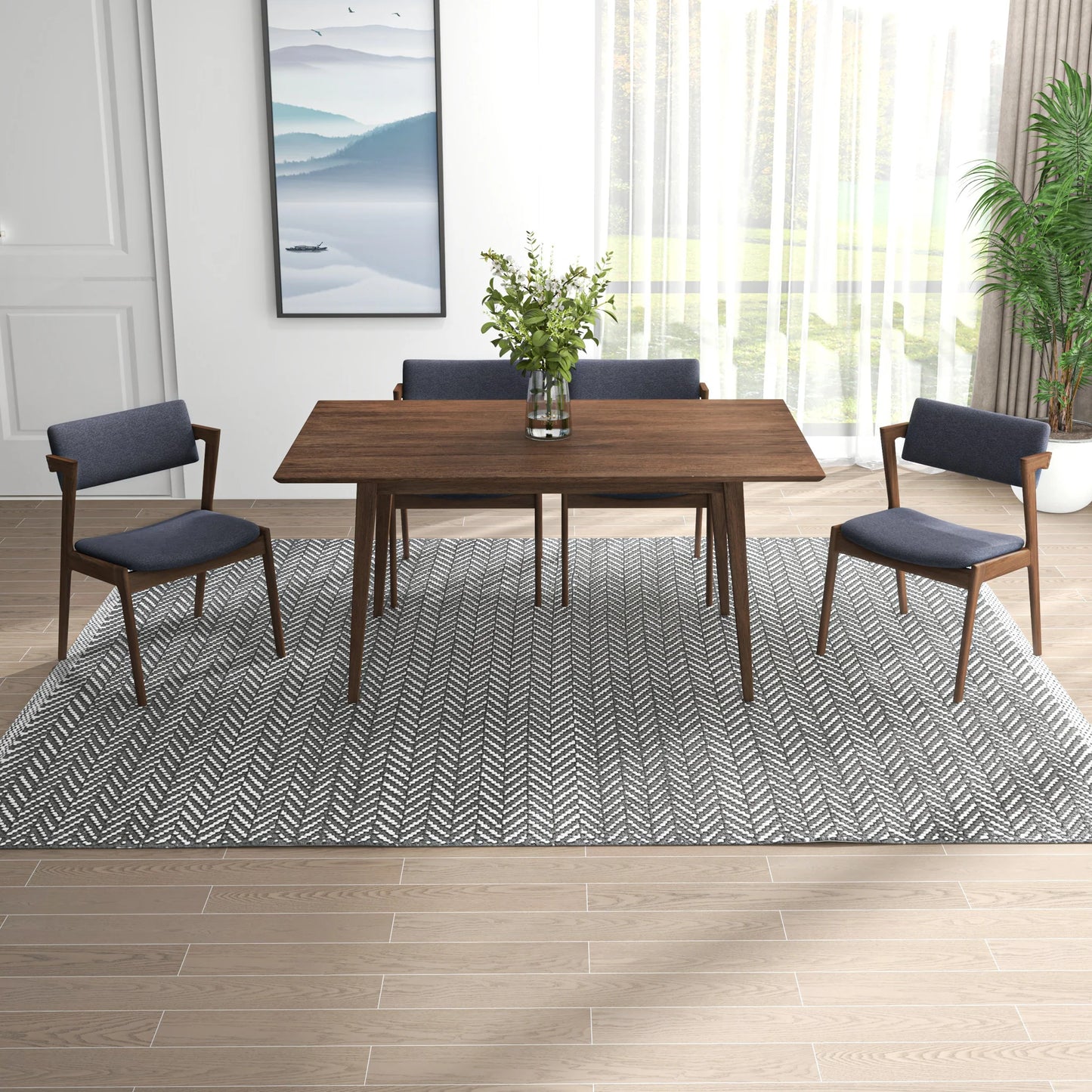 Adira Large Walnut Dining Set with 4 Ricco Dark Grey Dining Chairs