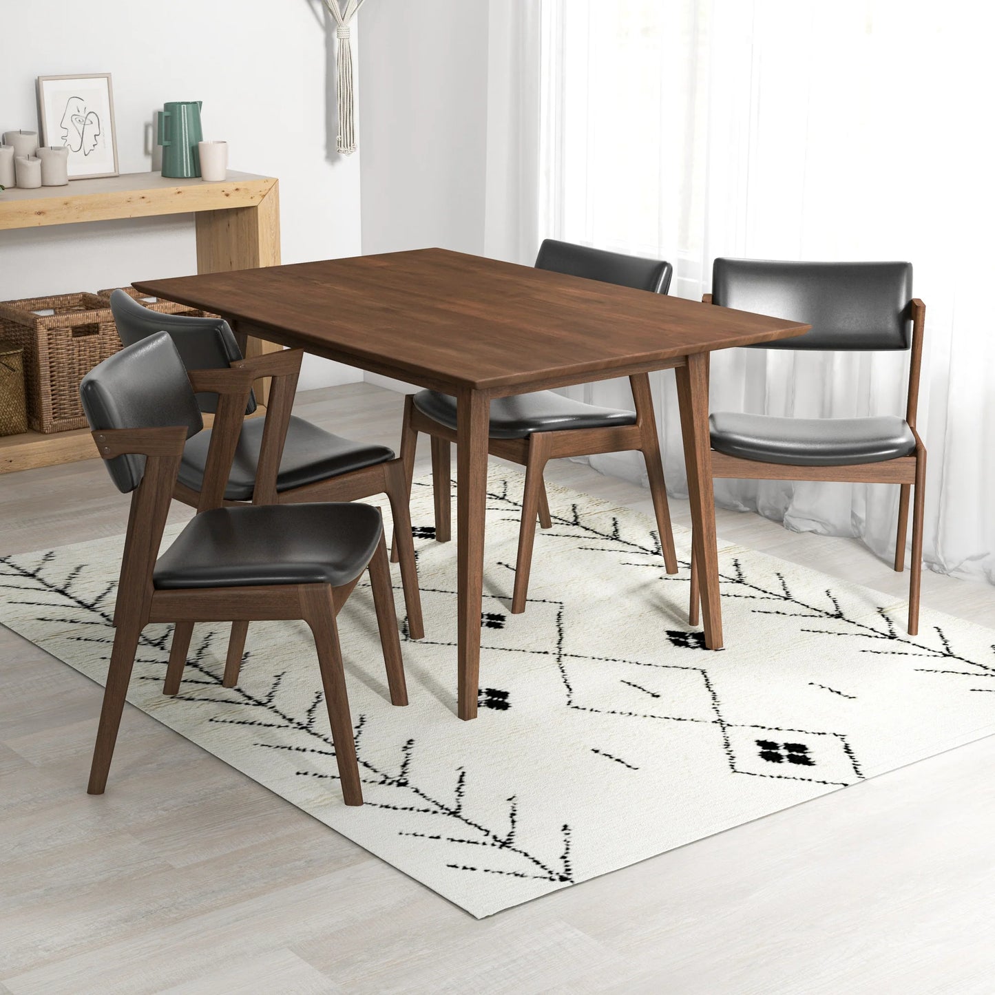 Adira (Small - Walnut) Dining Set with 4 Ricco (Black Leather) Dining Chairs
