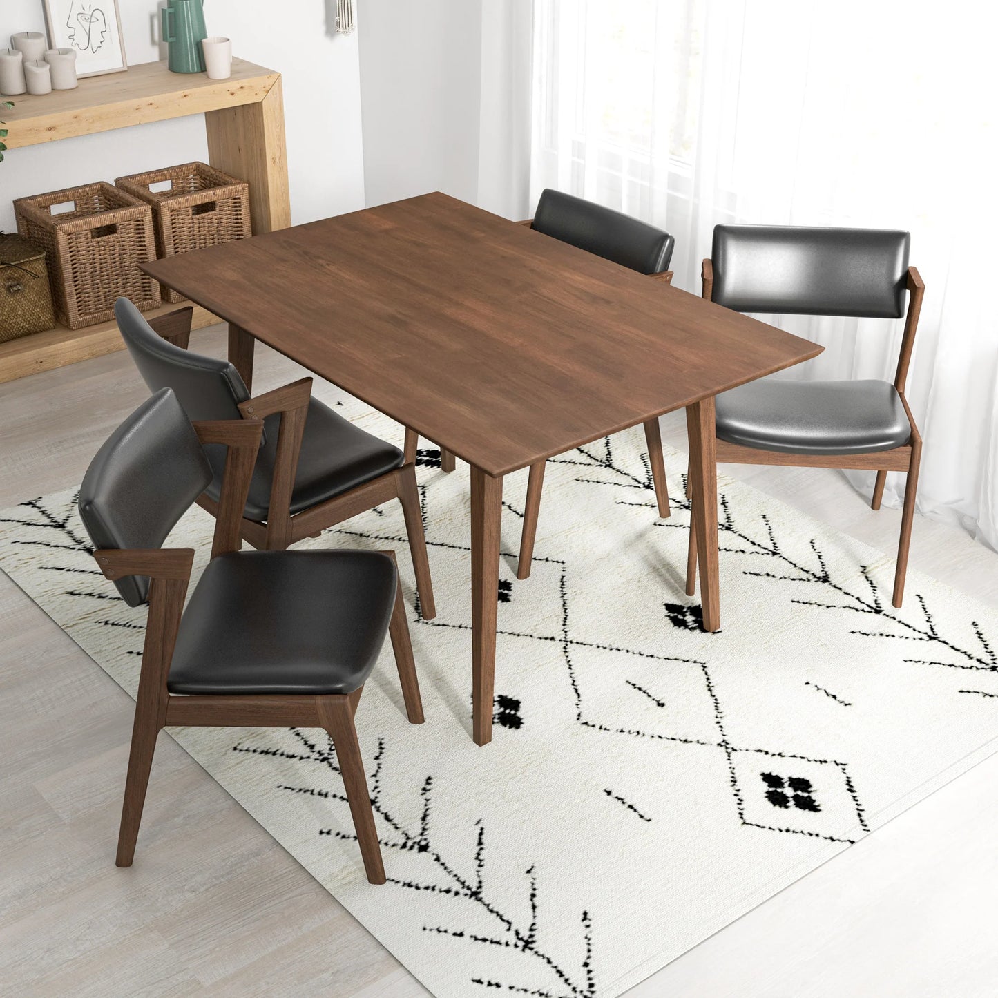 Adira (Small - Walnut) Dining Set with 4 Ricco (Black Leather) Dining Chairs