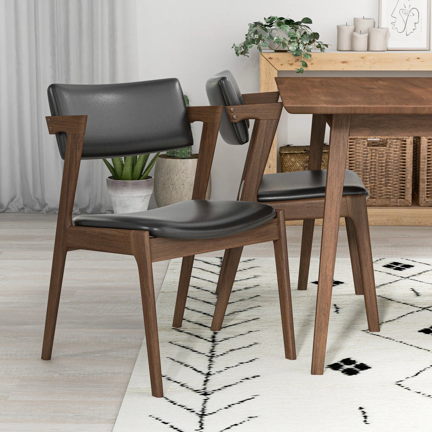 Adira (Small - Walnut) Dining Set with 4 Ricco (Black Leather) Dining Chairs