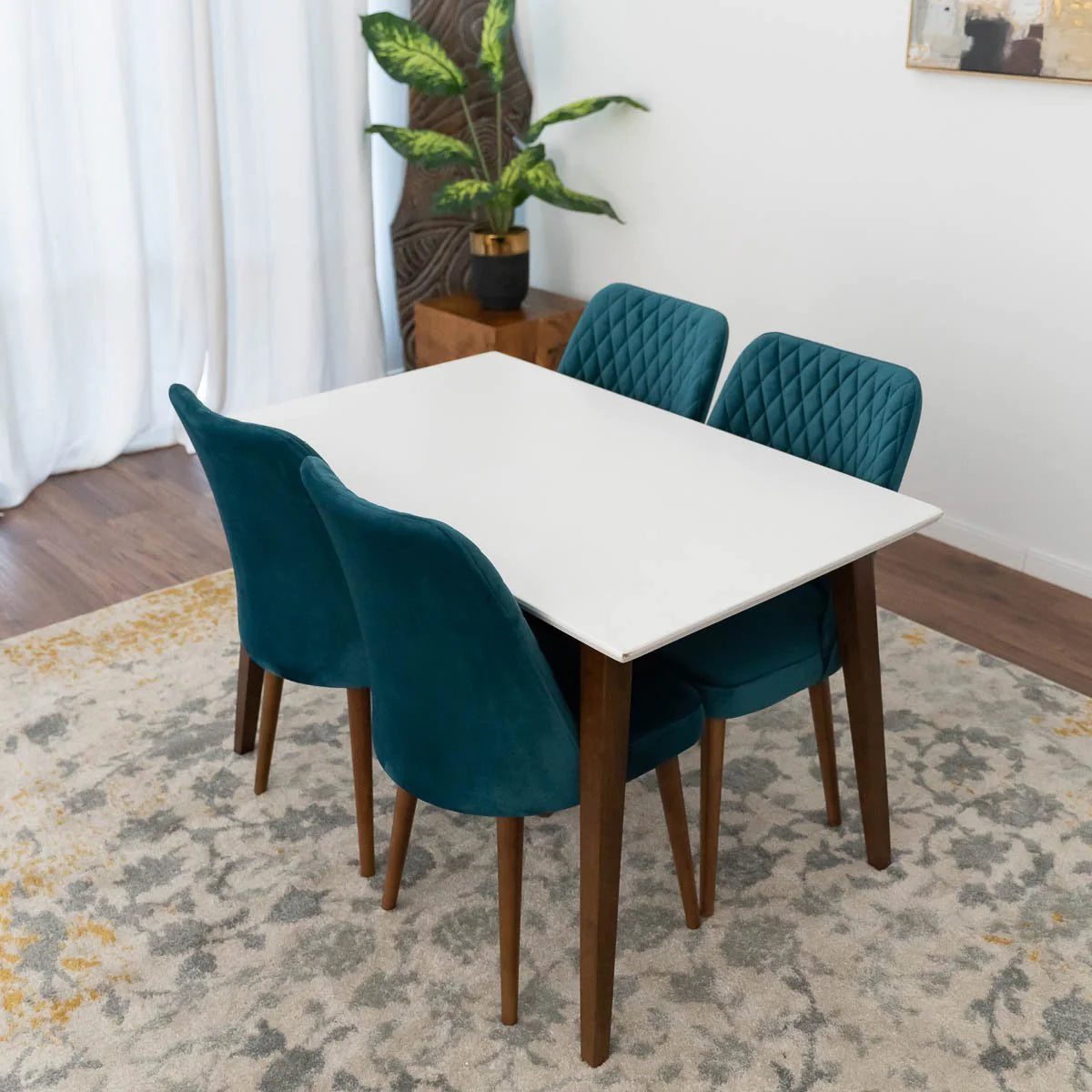 Alpine Small Dining set with 4 Evette Teal Dining Chairs (White)