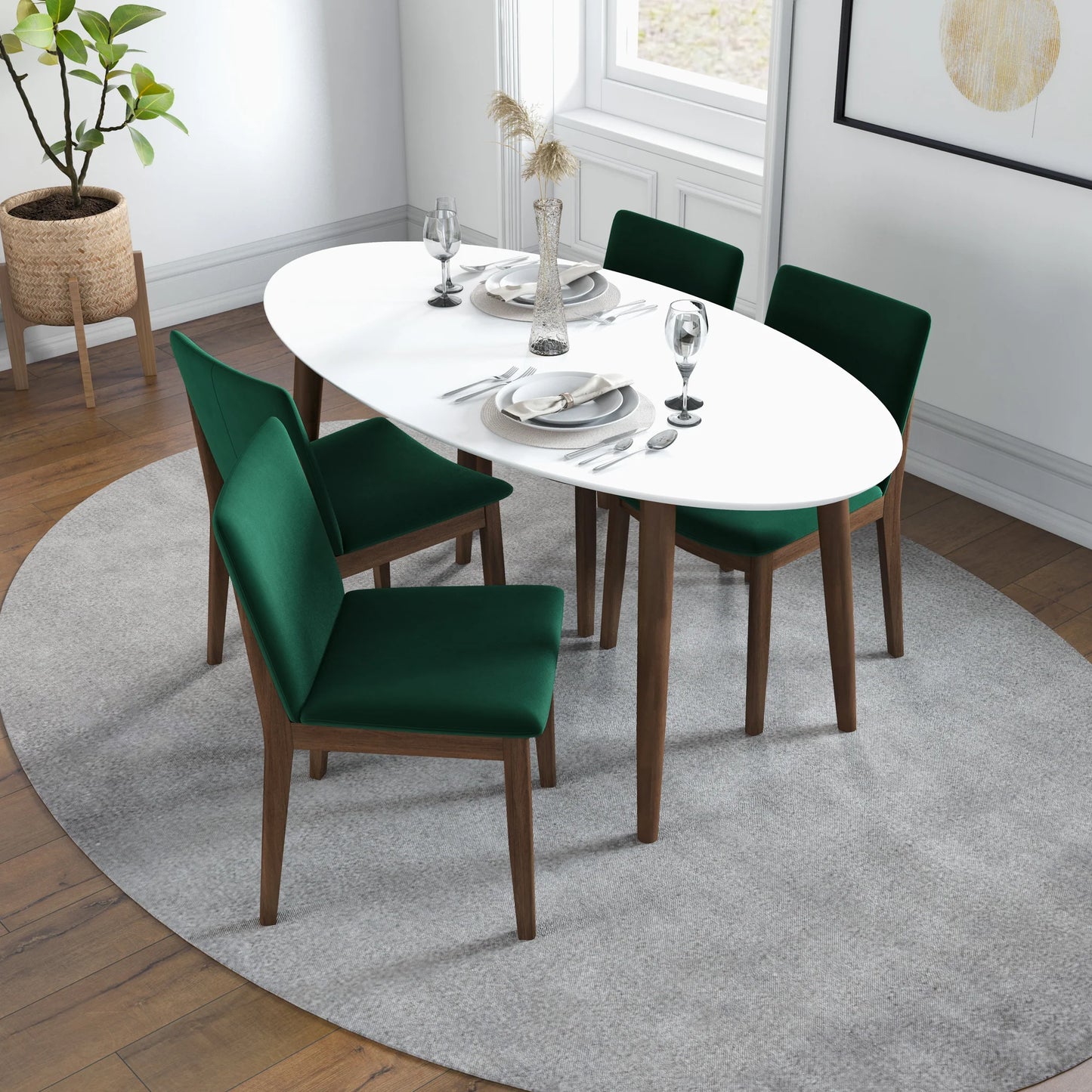 Rixos (White) Dining set with 4 Virginia (Green Velvet) Dining Chairs