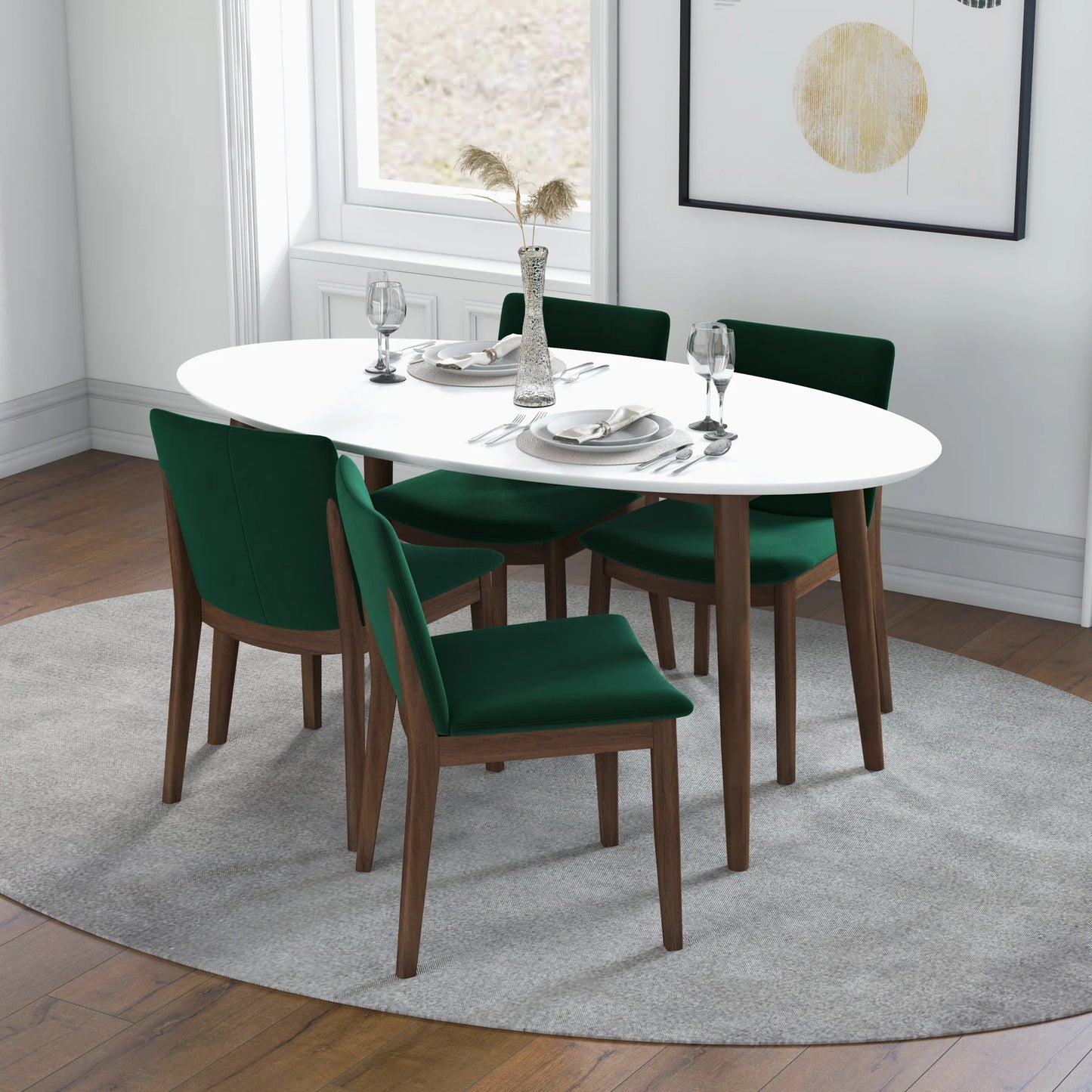 Rixos (White) Dining set with 4 Virginia (Green Velvet) Dining Chairs