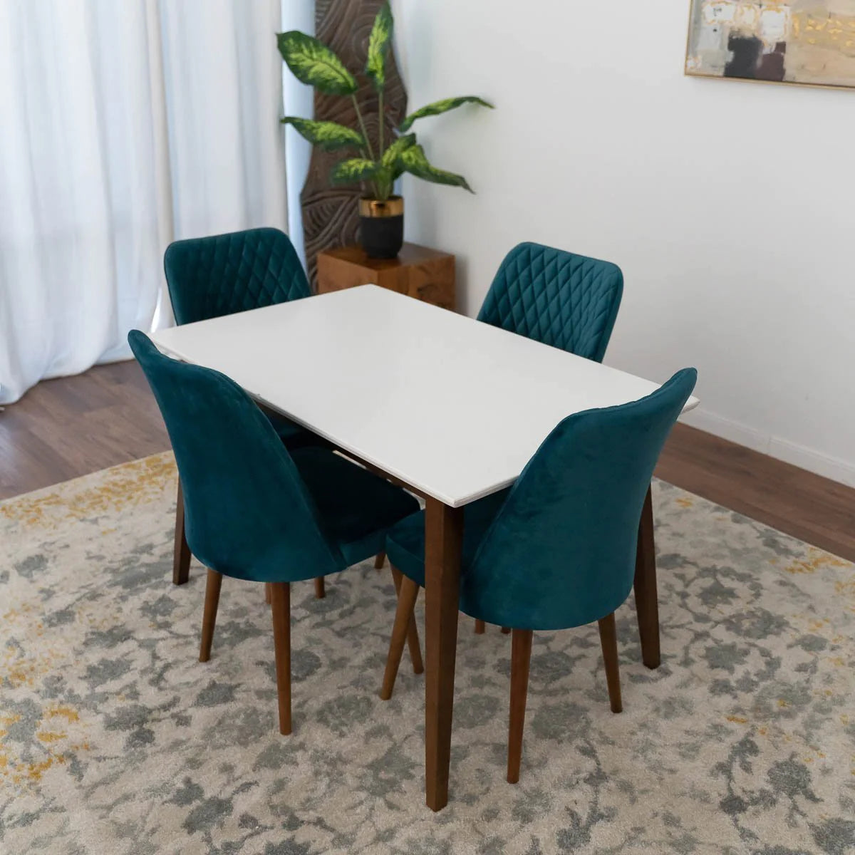 Alpine Small Dining set with 4 Evette Teal Dining Chairs (White)