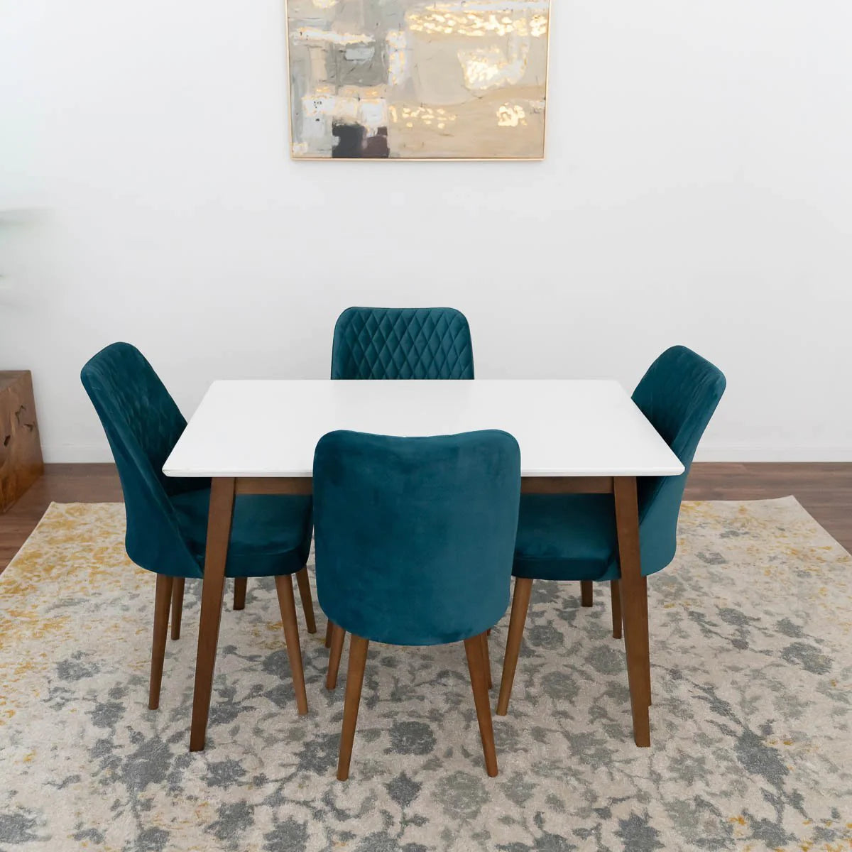 Alpine Small Dining set with 4 Evette Teal Dining Chairs (White)