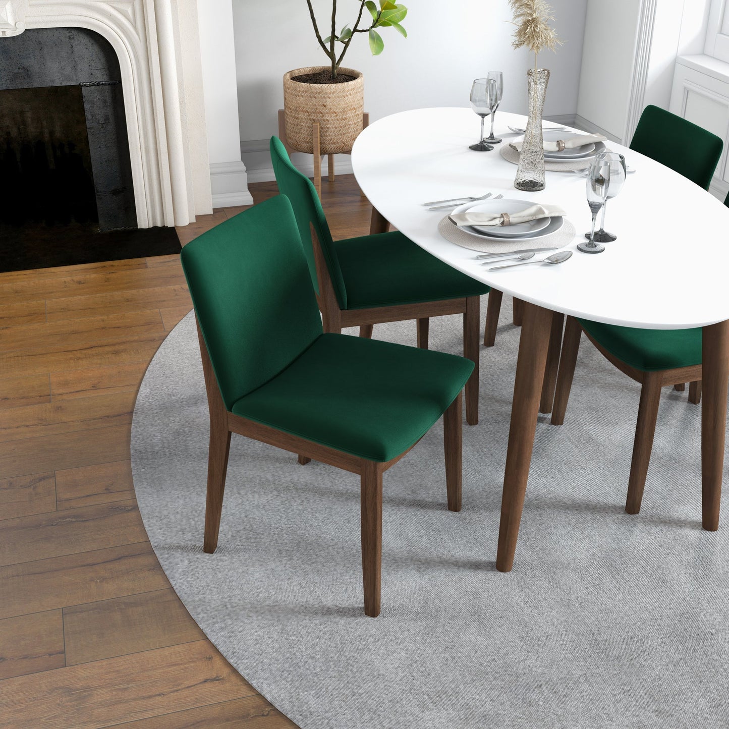 Rixos (White) Dining set with 4 Virginia (Green Velvet) Dining Chairs