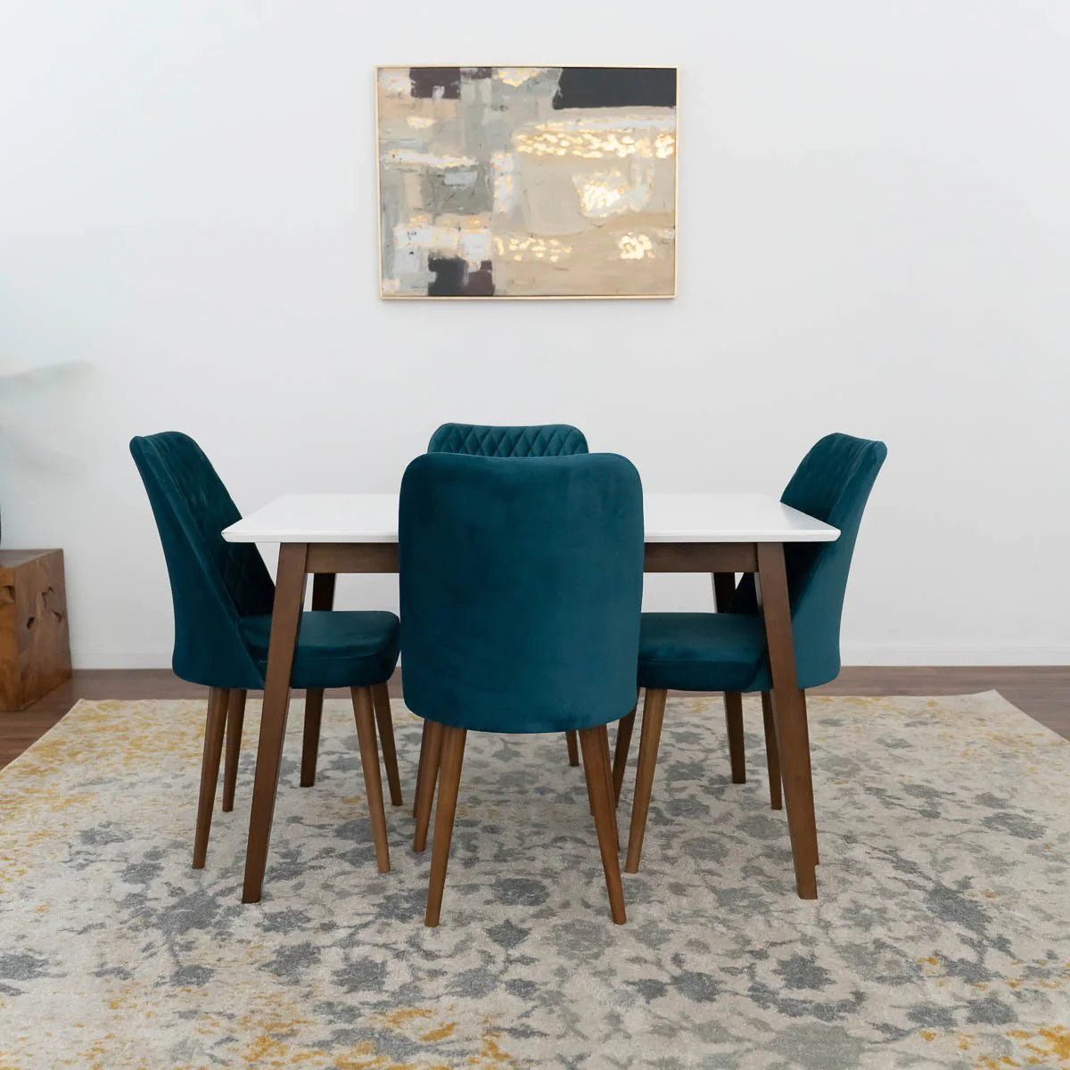 Alpine Small Dining set with 4 Evette Teal Dining Chairs (White)