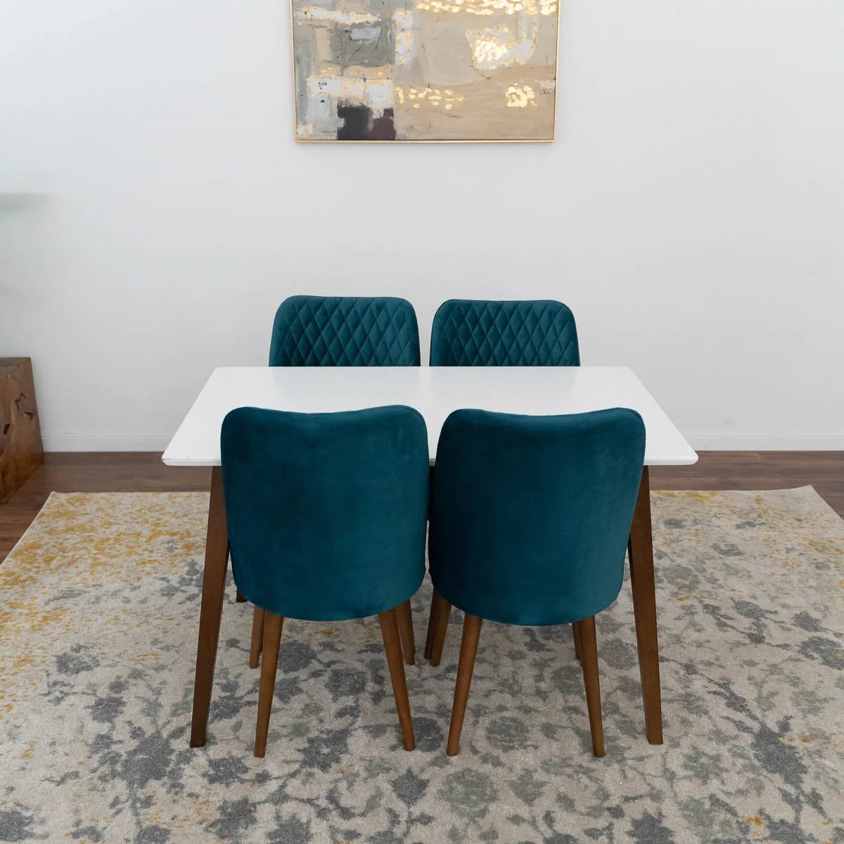 Alpine Small Dining set with 4 Evette Teal Dining Chairs (White)