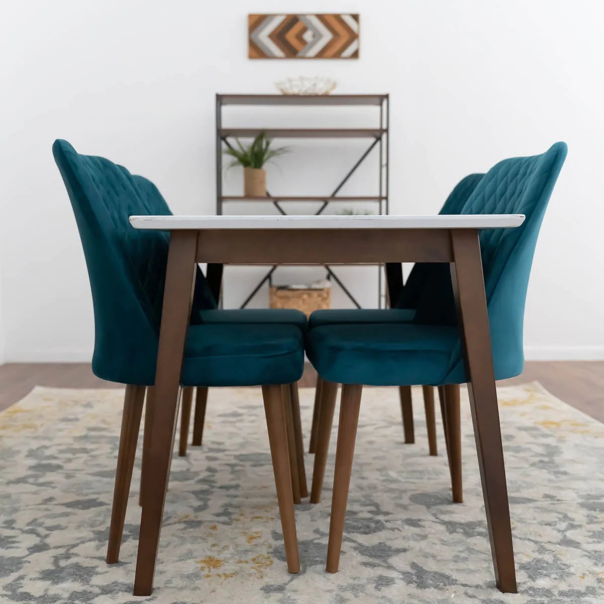 Alpine Small Dining set with 4 Evette Teal Dining Chairs (White)