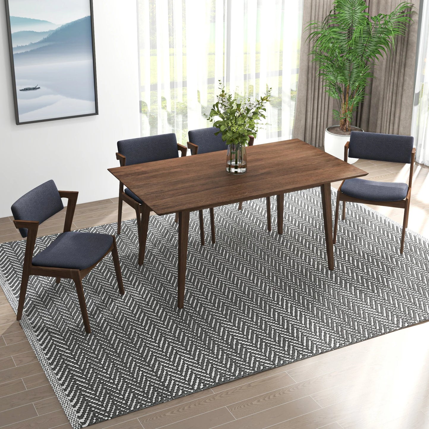 Adira Large Walnut Dining Set with 4 Ricco Dark Grey Dining Chairs