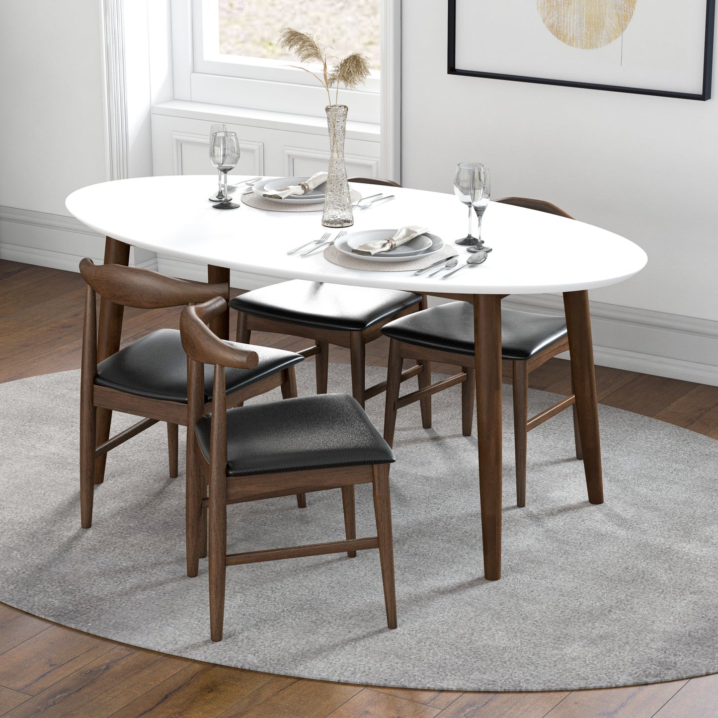 Rixos (White) Oval Dining Set with 4 Winston (Black Leather) Dining Chairs