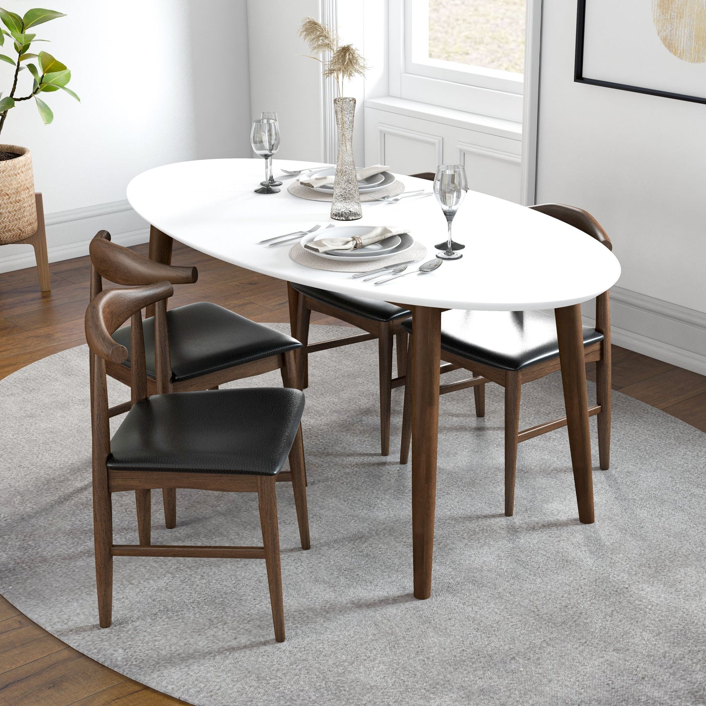 Rixos (White) Oval Dining Set with 4 Winston (Black Leather) Dining Chairs