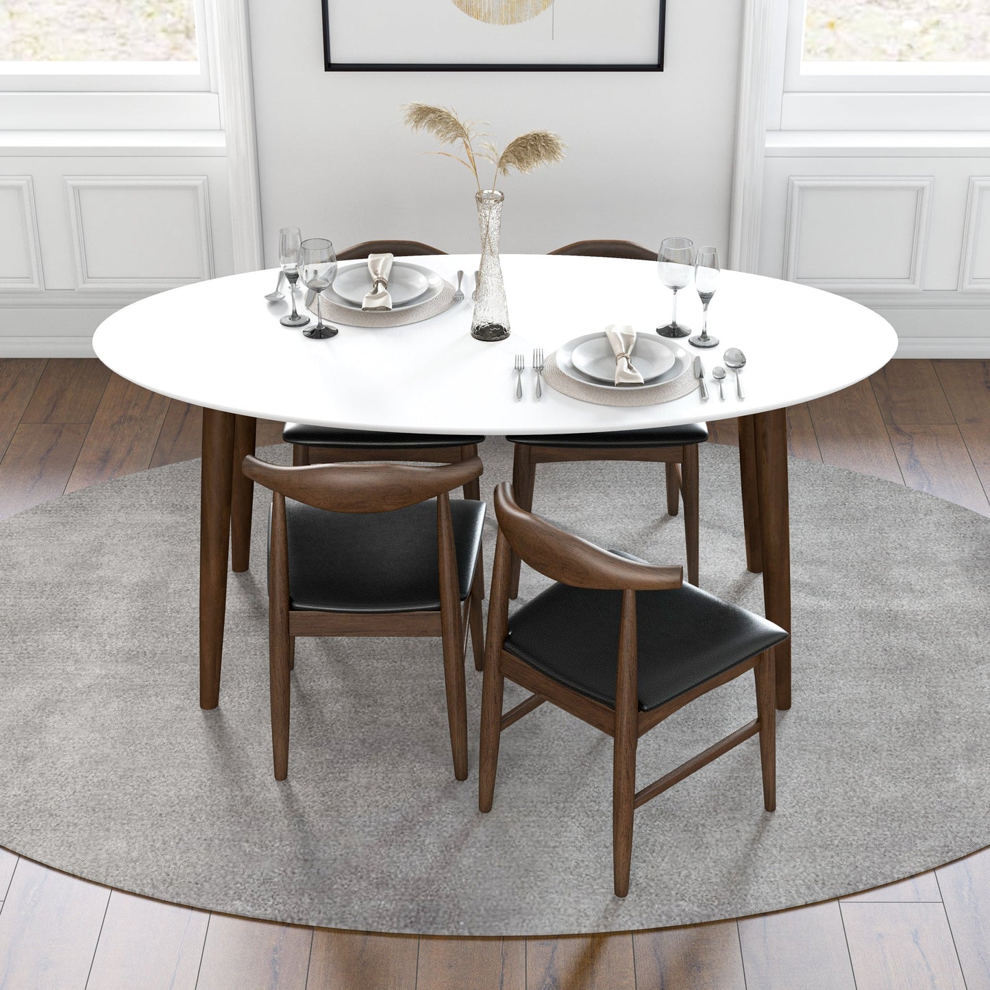 Rixos (White) Oval Dining Set with 4 Winston (Black Leather) Dining Chairs