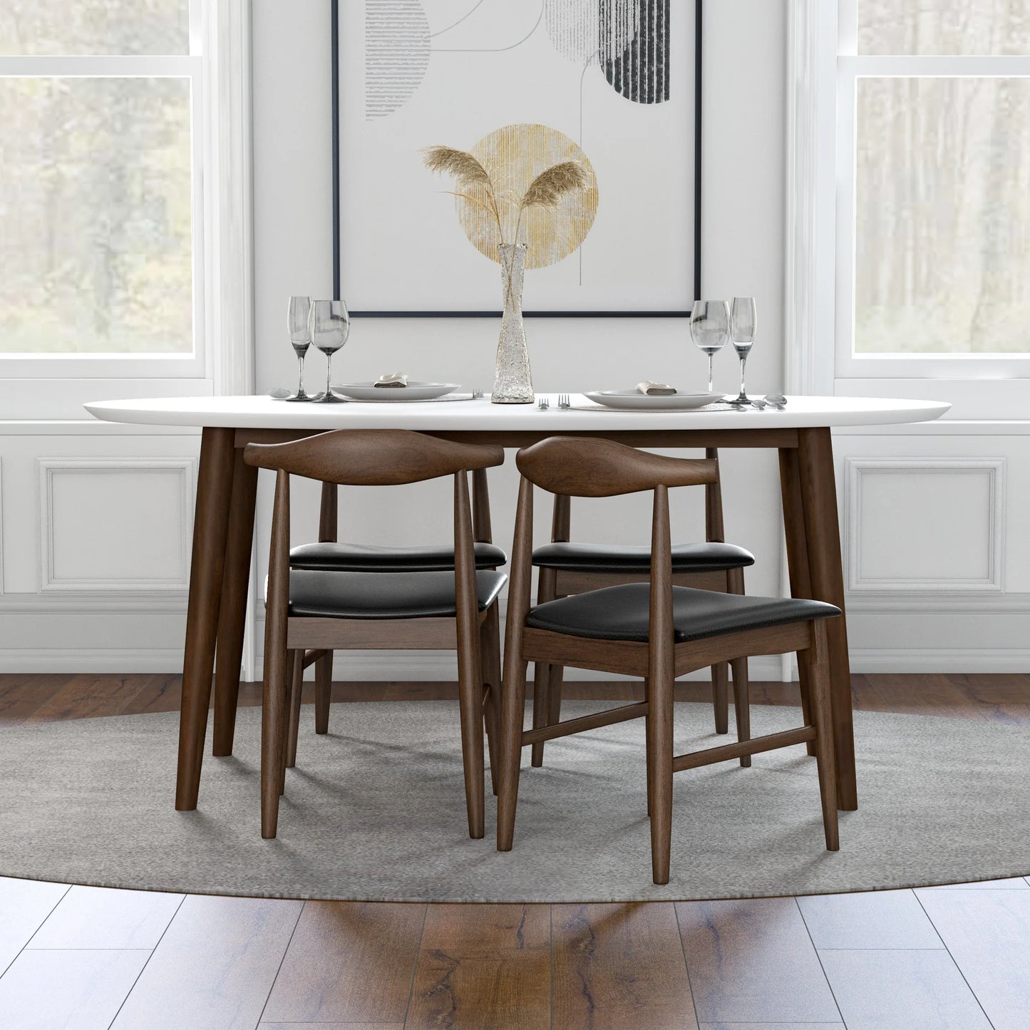 Rixos (White) Oval Dining Set with 4 Winston (Black Leather) Dining Chairs