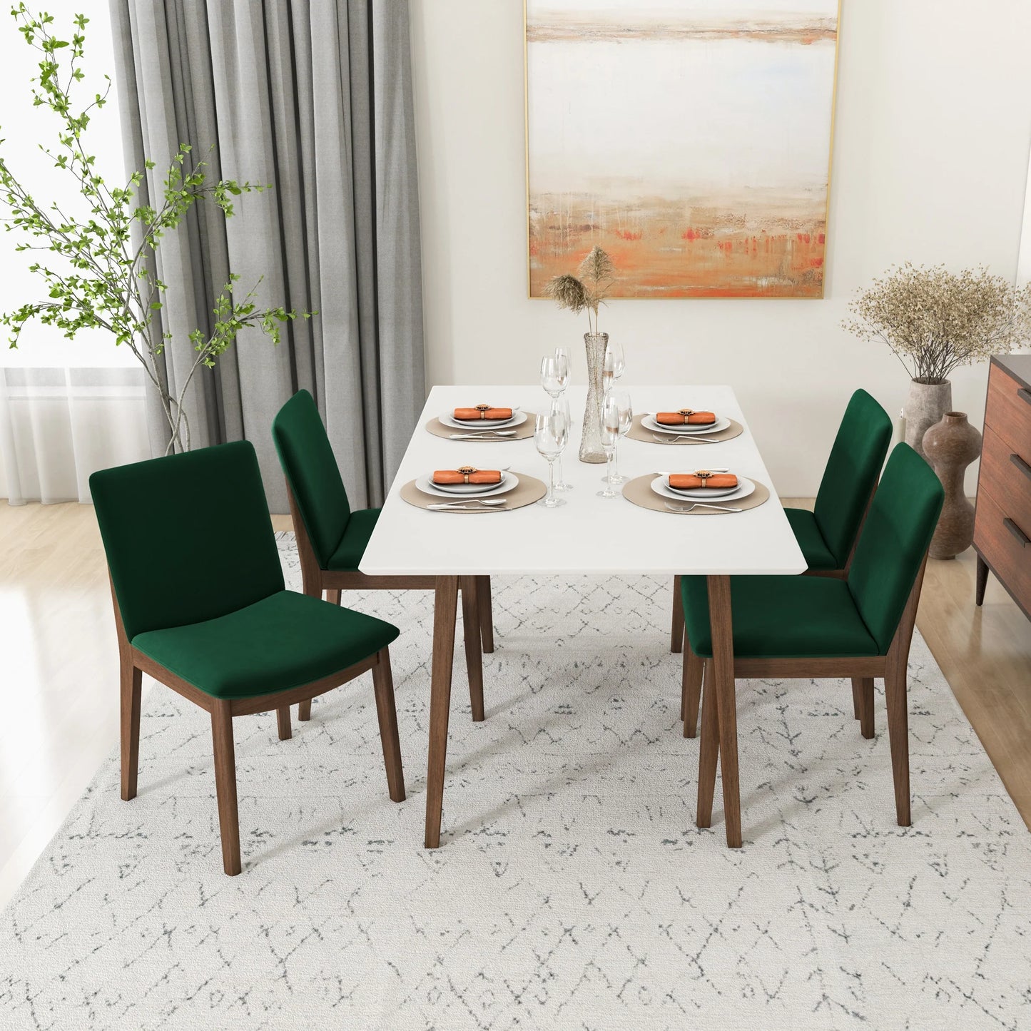 Alpine (Large - White) Dining Set with 4 Virginia (Green Velvet) Dining Chairs