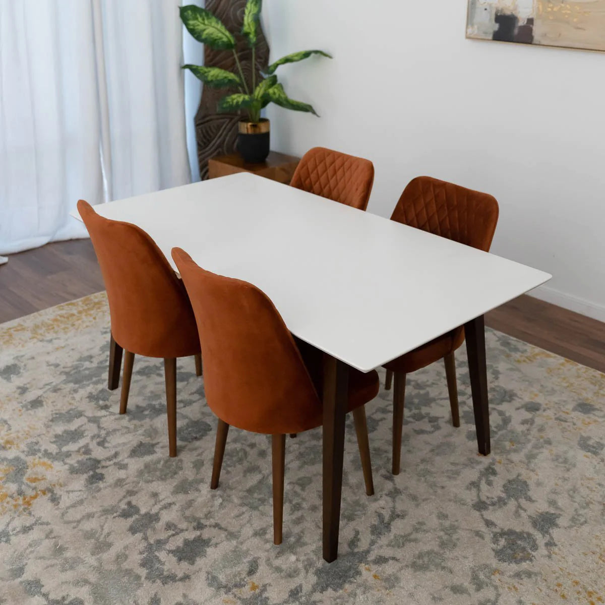 Alpine (Large) White Dining Set with 4 Evette Orange Dining Chairs