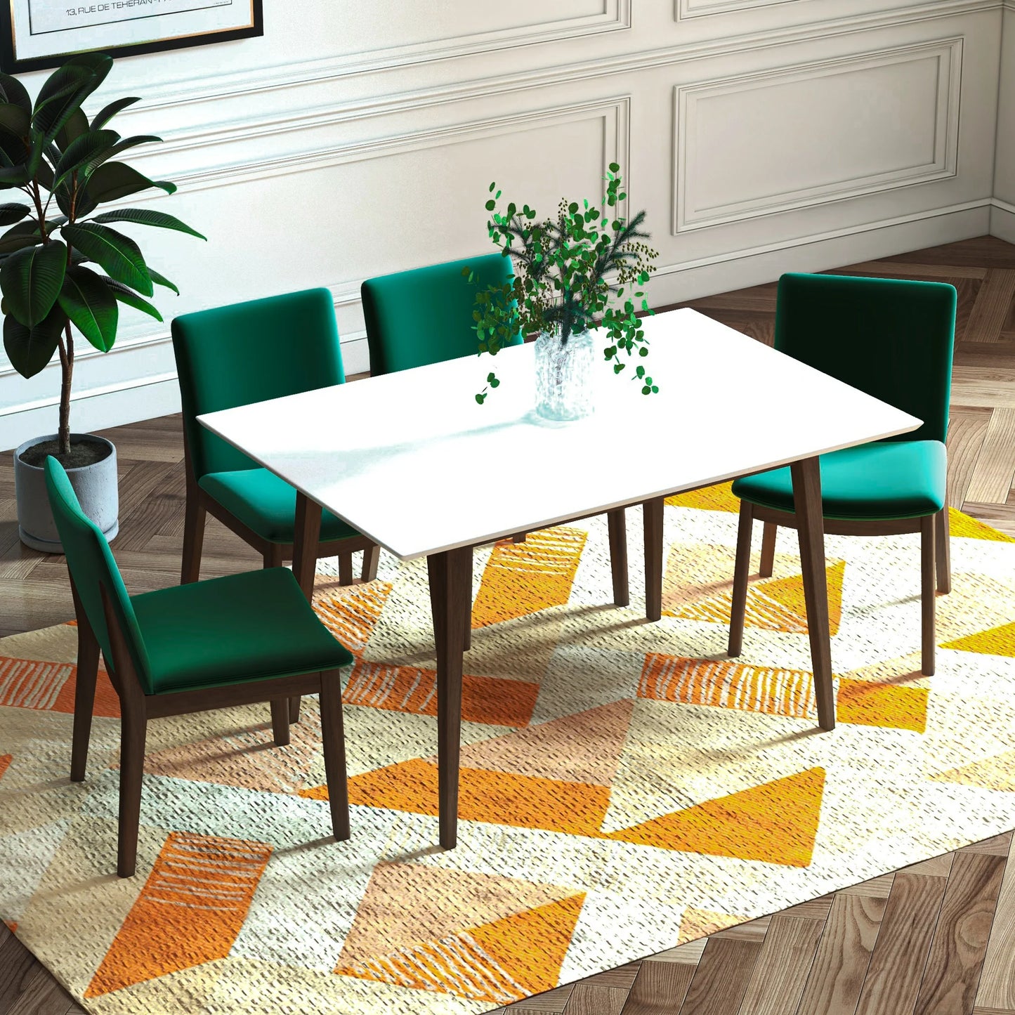 Adira (Small - White) Dining Set with 4 Virginia (Green Velvet) Dining Chairs