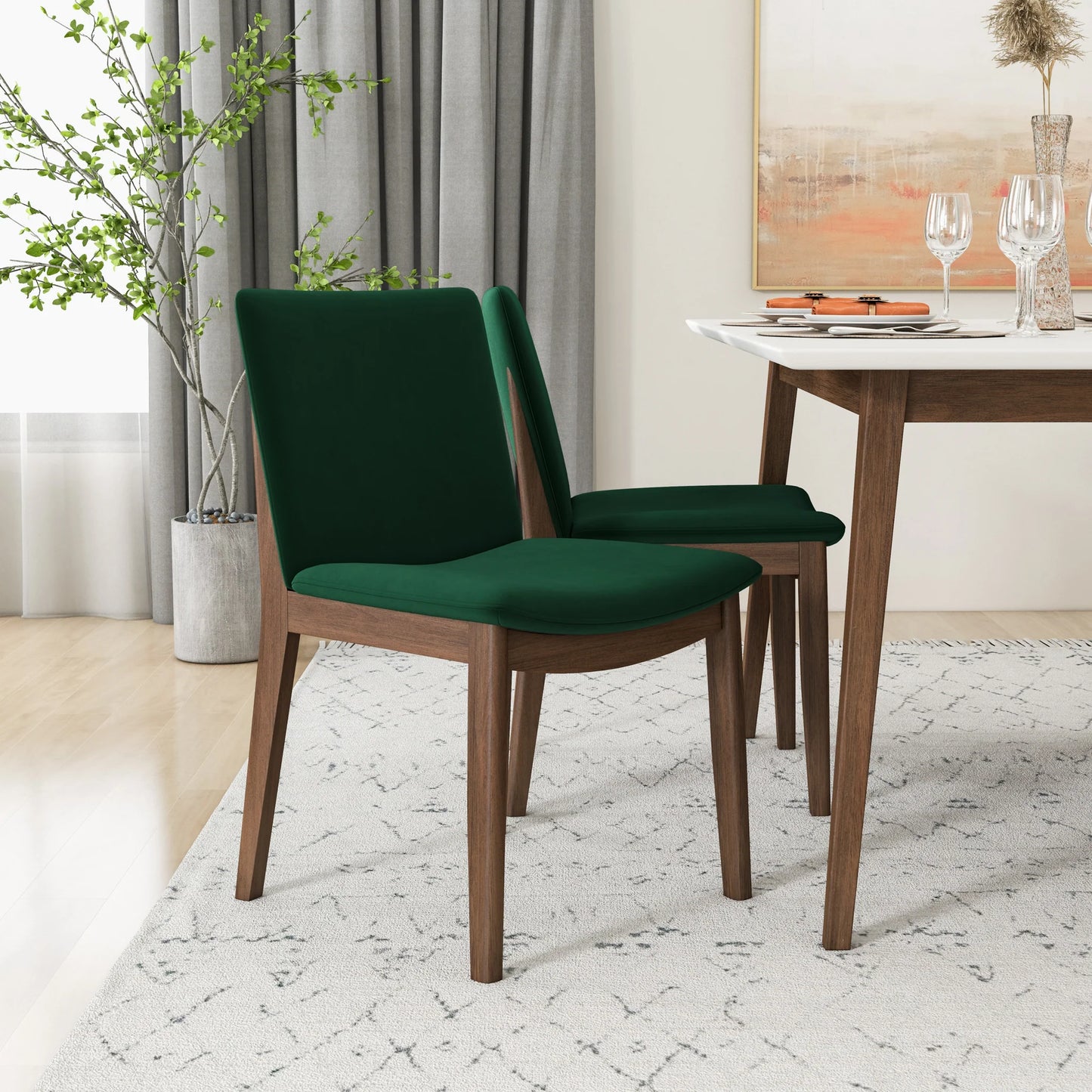 Alpine (Large - White) Dining Set with 4 Virginia (Green Velvet) Dining Chairs
