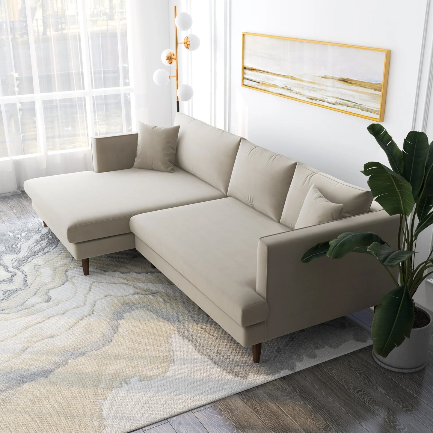 Delano L-Shaped Beige Velvet Sectional Sofa (Left&Right Facing Chaise)