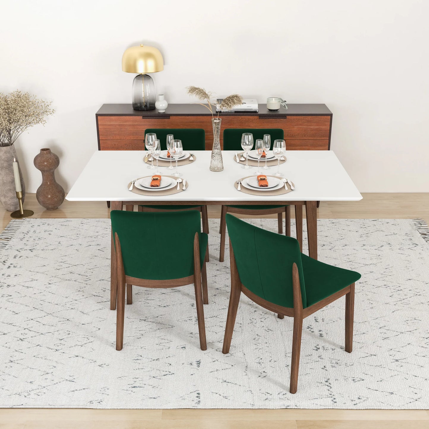 Alpine (Large - White) Dining Set with 4 Virginia (Green Velvet) Dining Chairs