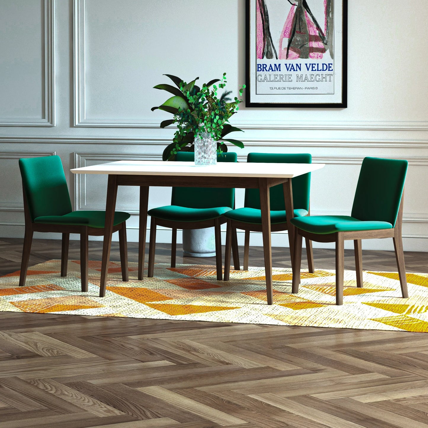 Adira (Small - White) Dining Set with 4 Virginia (Green Velvet) Dining Chairs