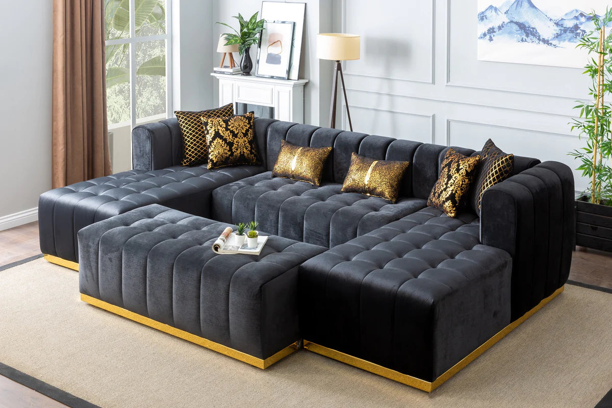 Siesta U Double Chase Sectional Velvet Upholstery- Black