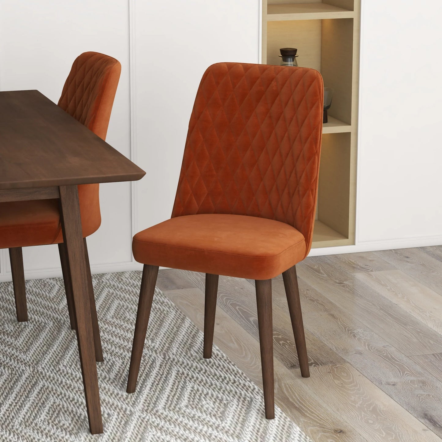 Adira (Small - Walnut) Dining Set with 4 Evette (Burnt Orange Velvet) Dining Chairs