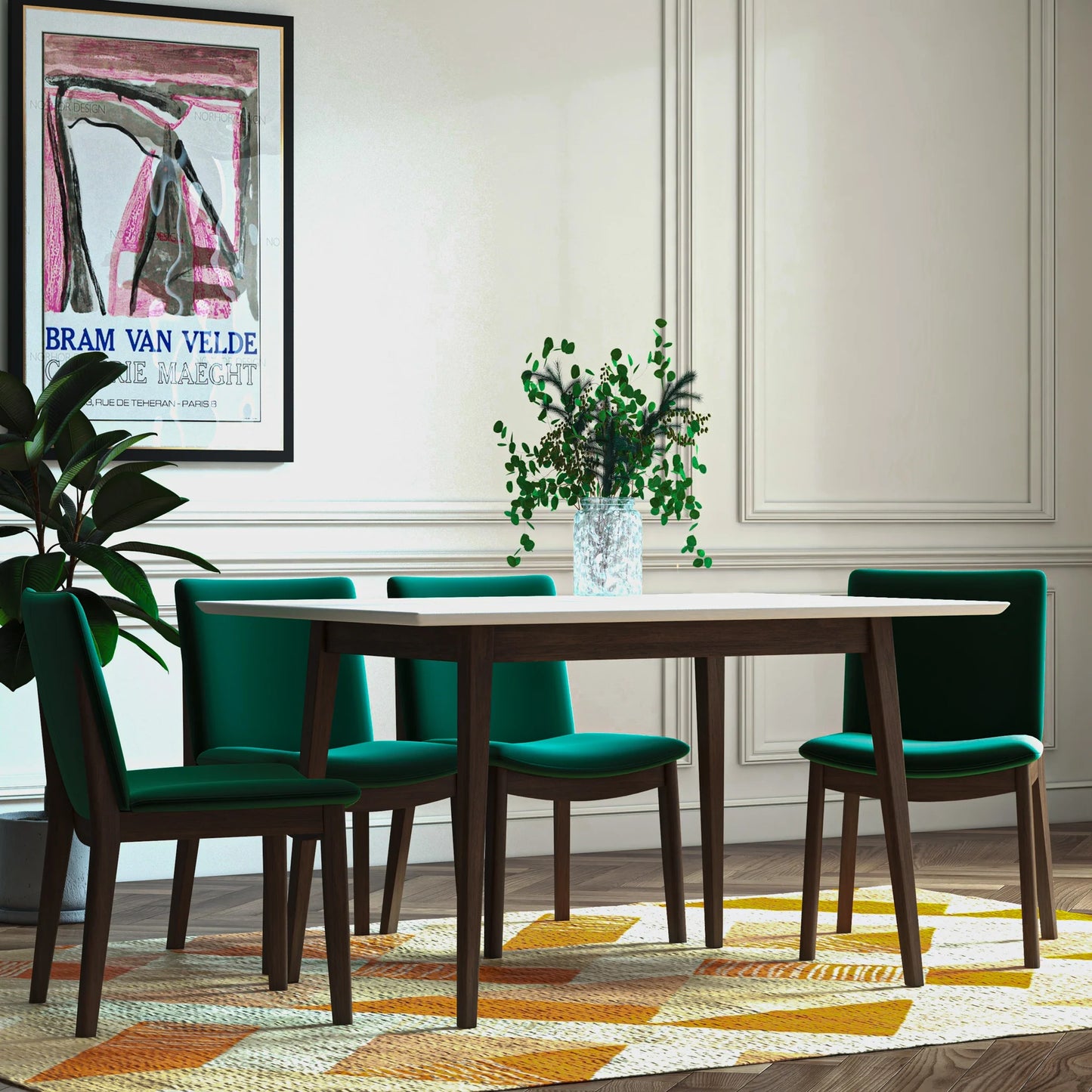 Adira (Small - White) Dining Set with 4 Virginia (Green Velvet) Dining Chairs