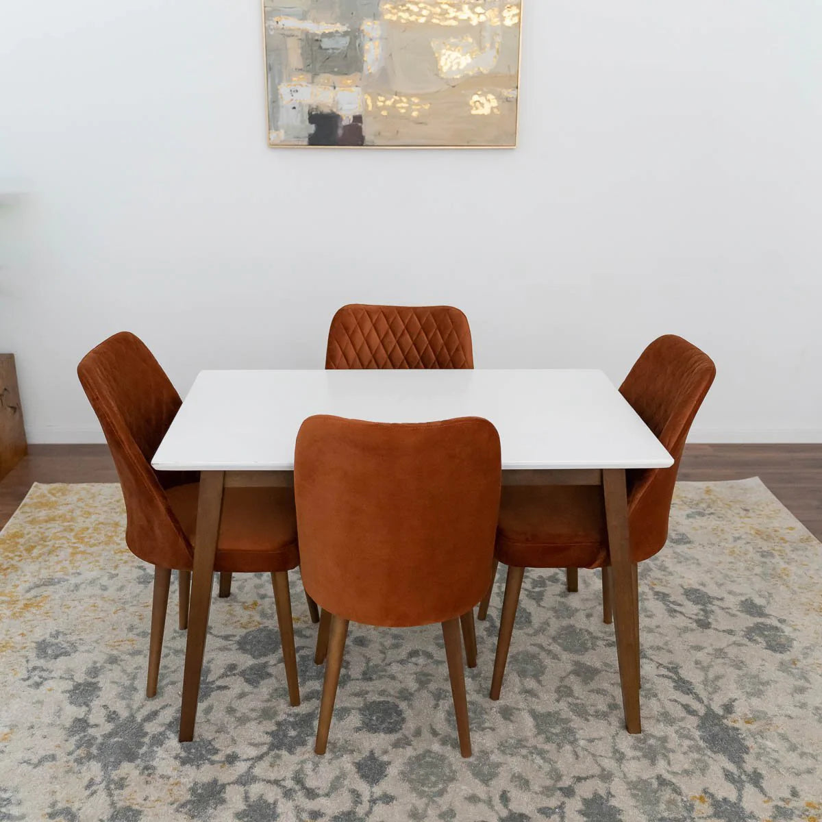 Alpine (Small-White Top) Dining Set with 4 Evette Orange Dining Chairs