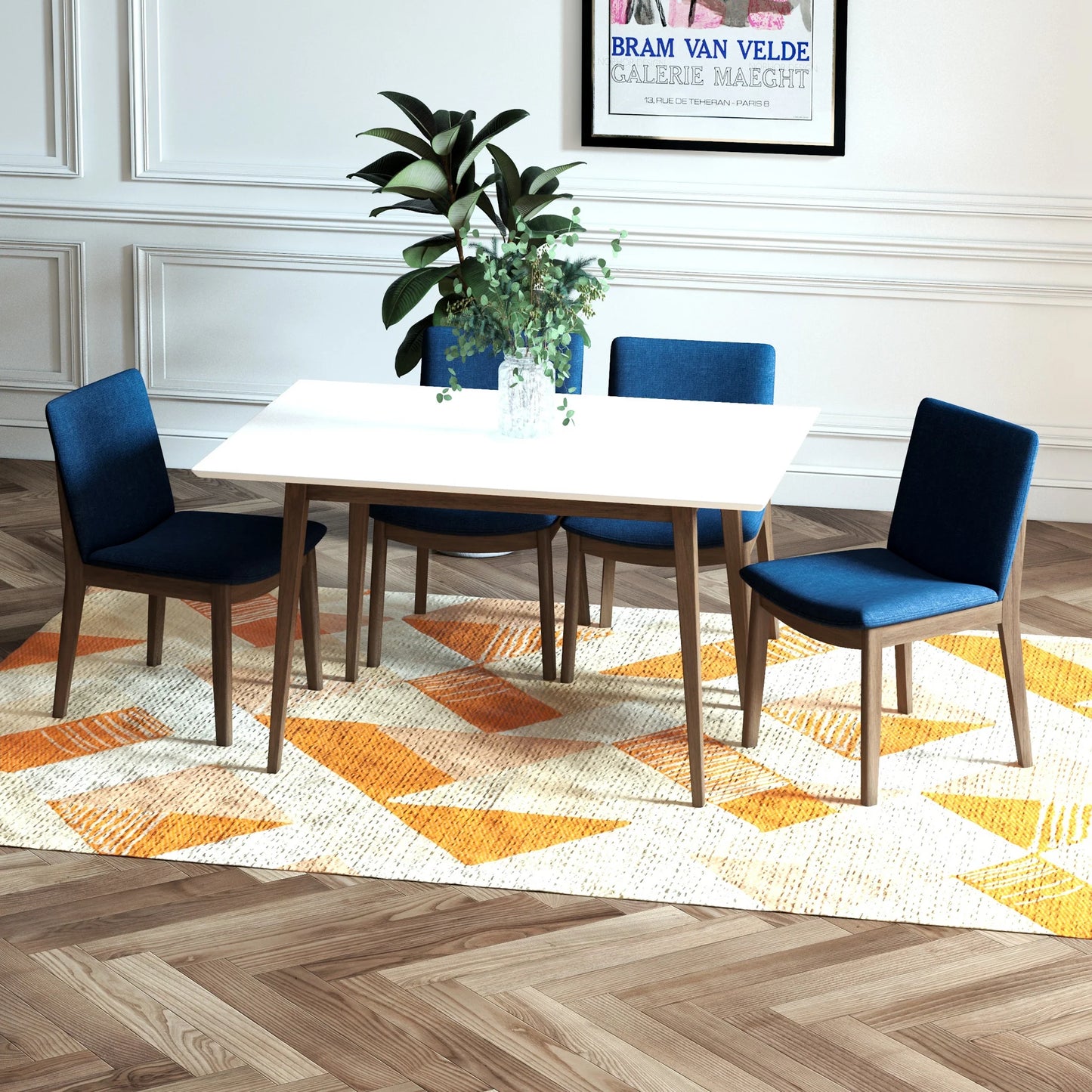 Adira (Small - White) Dining Set with 4 Virginia (Dark Blue) Dining Chairs