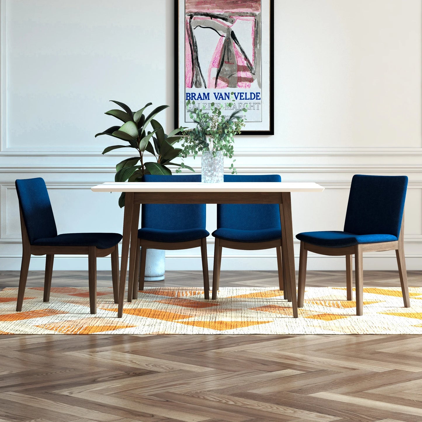 Adira (Small - White) Dining Set with 4 Virginia (Dark Blue) Dining Chairs