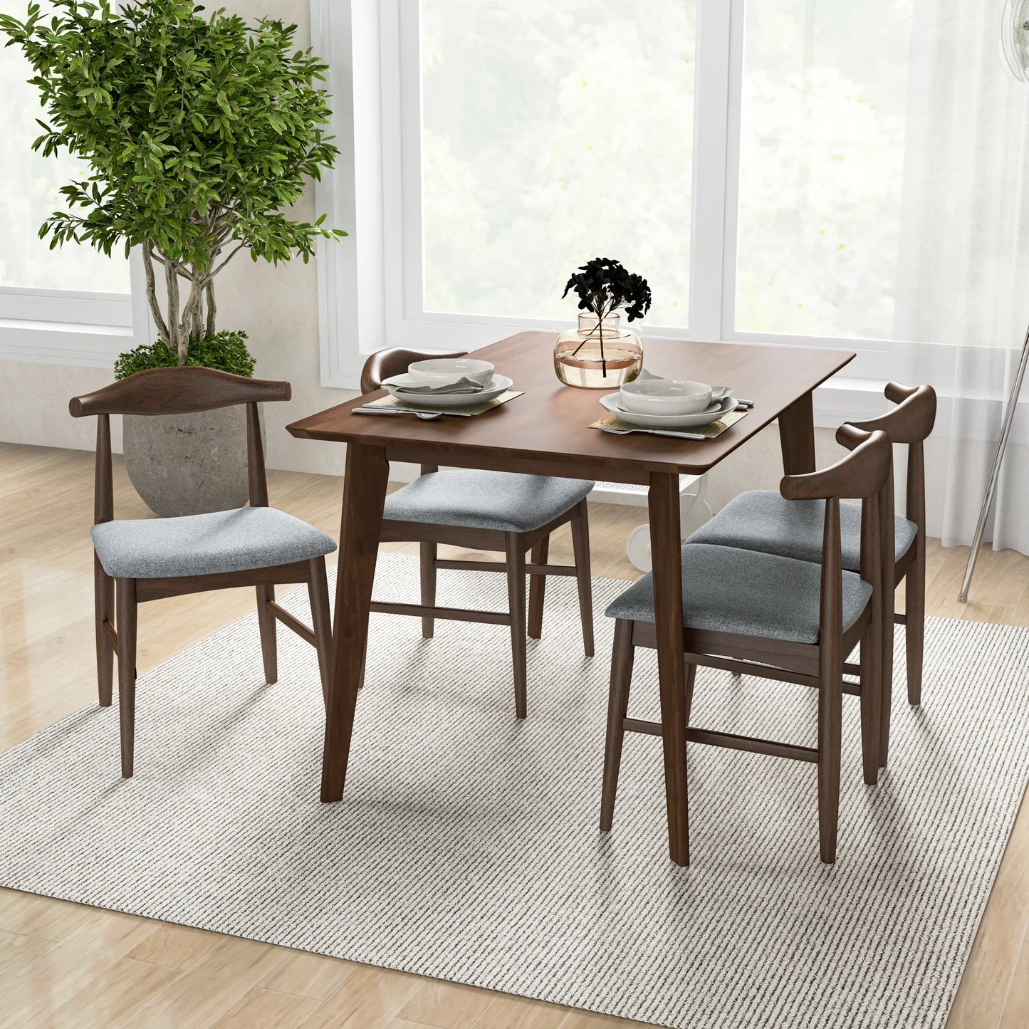 Dining Set, Abbott Small Table (Walnut) with 4 Winston Gray Fabric Chairs