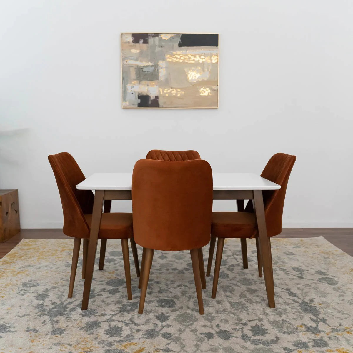 Alpine (Small-White Top) Dining Set with 4 Evette Orange Dining Chairs
