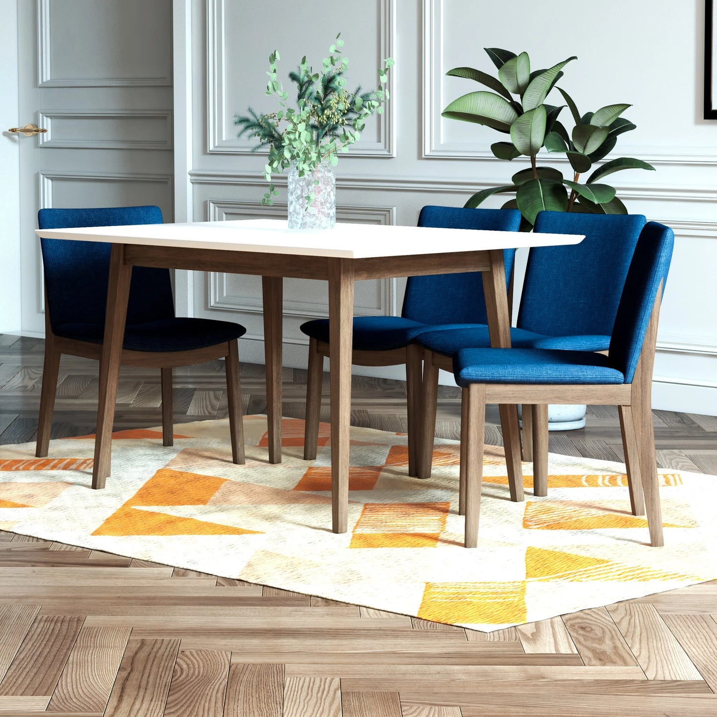 Adira (Small - White) Dining Set with 4 Virginia (Dark Blue) Dining Chairs