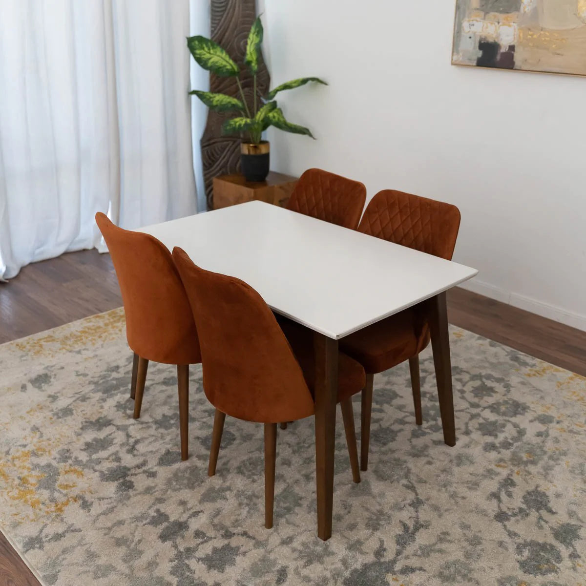 Alpine (Small-White Top) Dining Set with 4 Evette Orange Dining Chairs