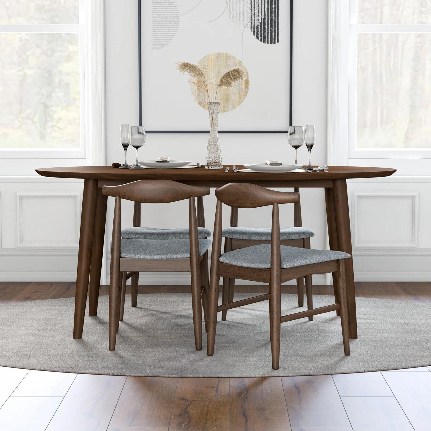 Rixos (Walnut) Oval Dining Set with 4 Winston (Grey) Dining Chairs