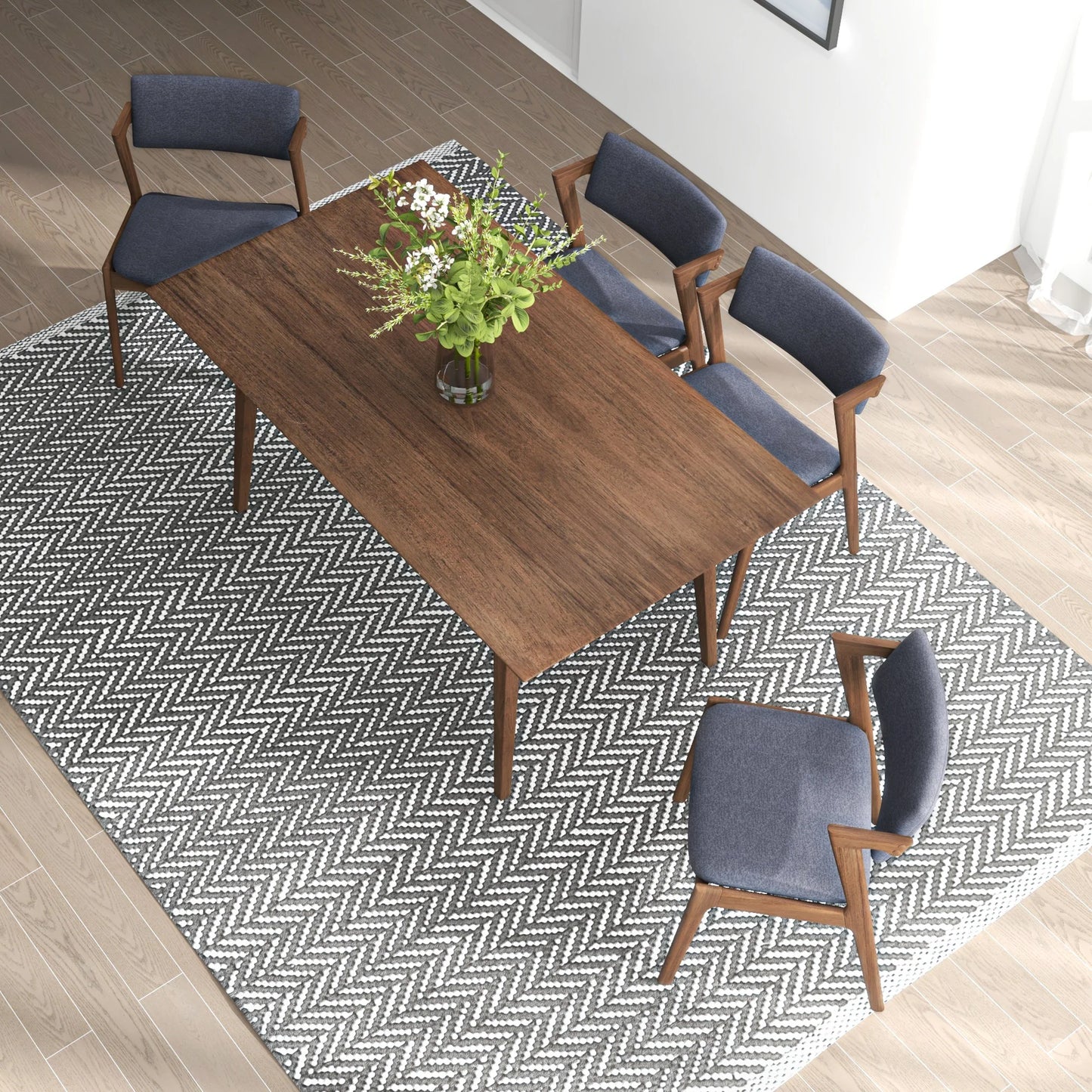 Adira Large Walnut Dining Set with 4 Ricco Dark Grey Dining Chairs