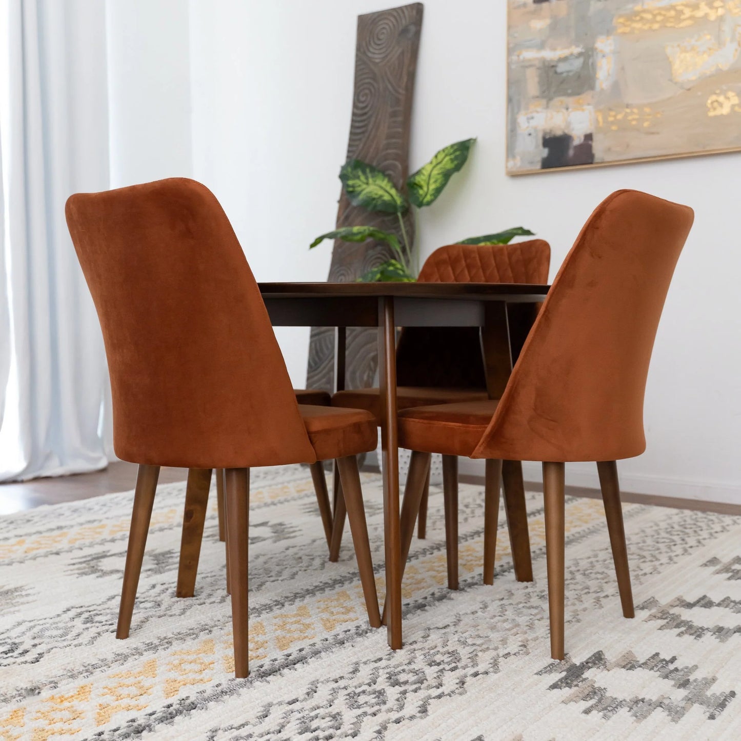 Aliana Dining Set with 4 Evette Orange Chairs (Walnut)
