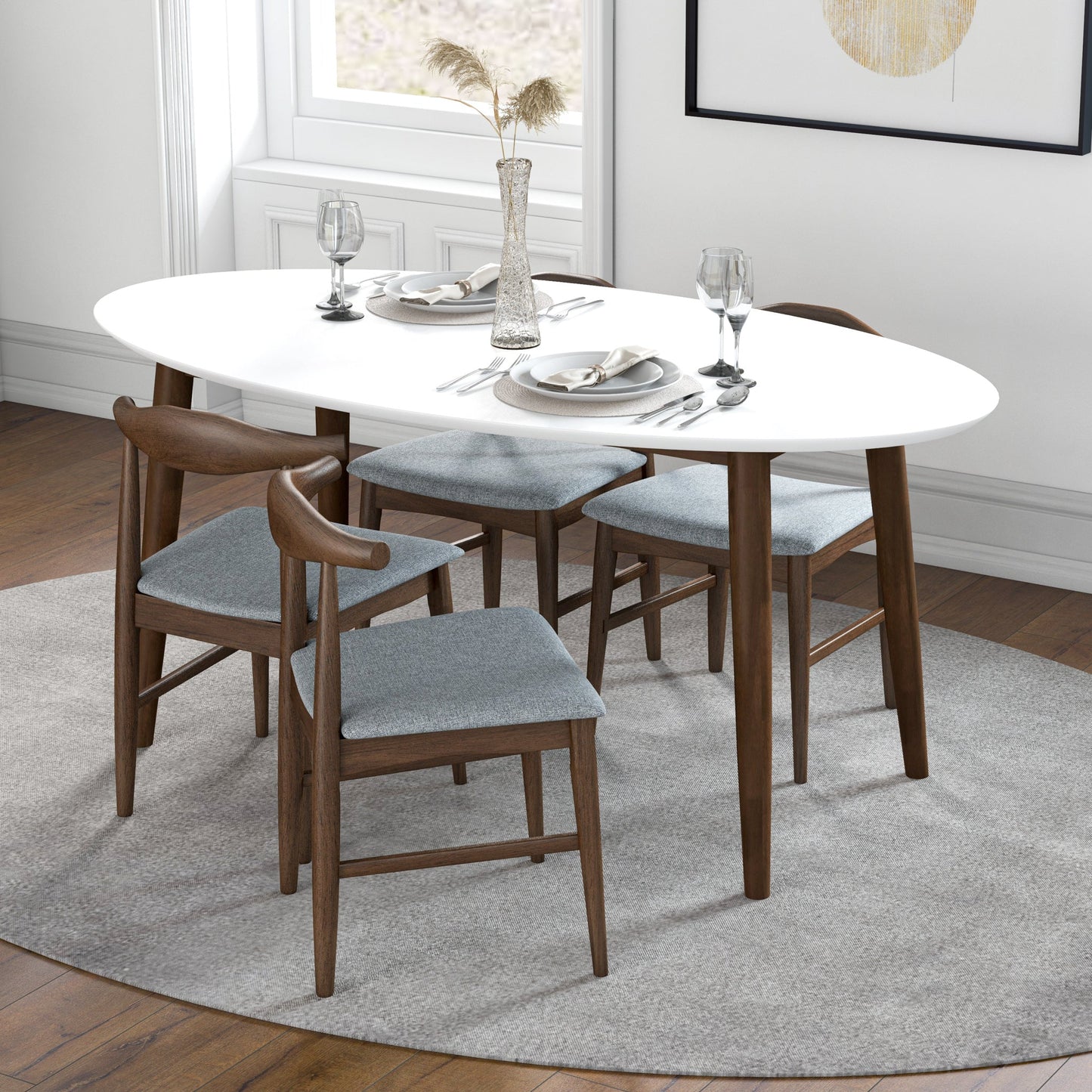 Rixos (White) Oval Dining Set with 4 Winston (Grey) Dining Chairs
